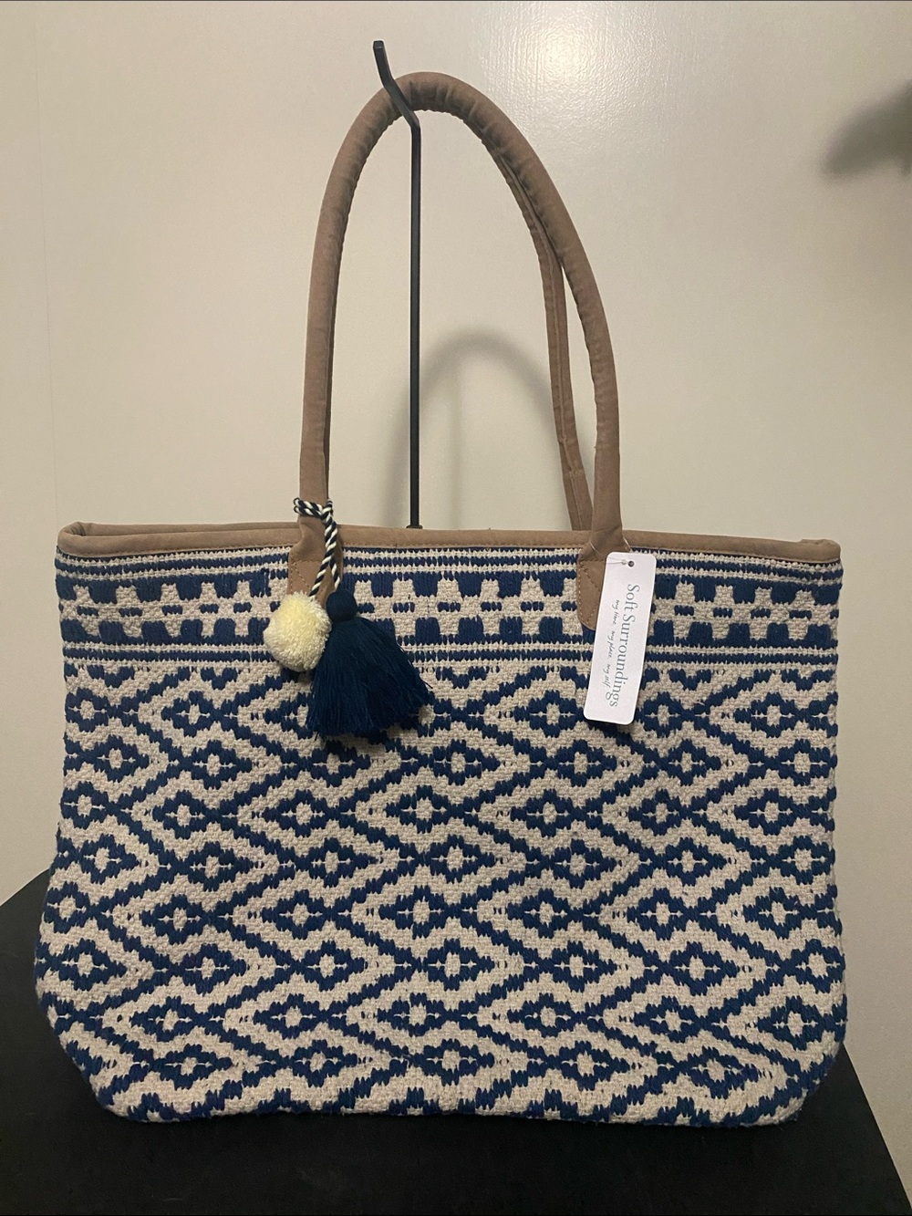 Soft Surroundings Woven Navy & Cream Tote Bag with Tassel Accent